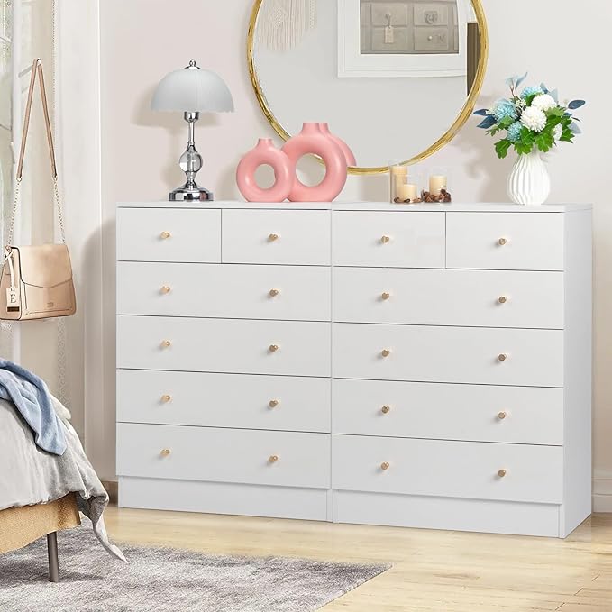 Karl home White 6 Drawer Dresser for Bedroom, Tall Dresser Chest of Drawers, Wood Bedroom Dressers Clothes Organizer, Anti-Tipping Device, Rose Gold Metal Handle, Living Room, Entryway, Office