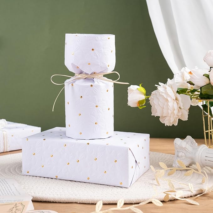RUSPEPA White Wrapping Paper Roll, Mini Roll, Flower with Gold Dot Design Perfect for Wedding, Birthday, Anniversary, Bridal Shower, 17 Inches x 16.4 Feet