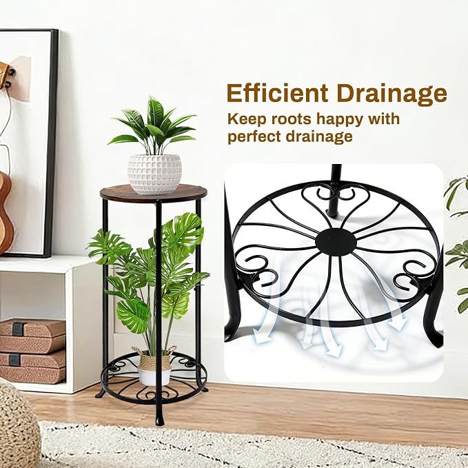 Plant Stand Indoor, 2 Tier Wood Round Potted Holder Rack, 27 " Tall Flower Pot Stand Shelf, Round Supports Plant Stand for Large Plants, Corner Plant Shelf for Balcony Garden Patio Living Room, Brown