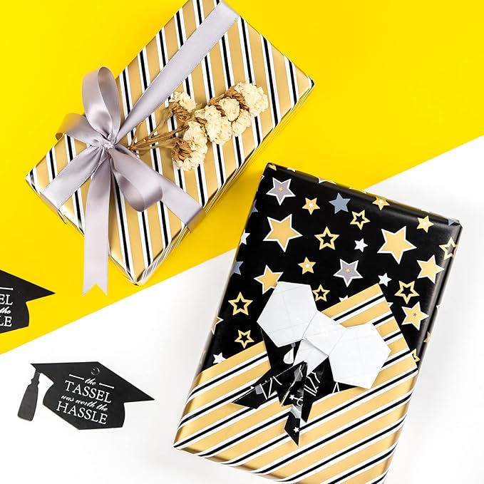 MAYPLUSS Graduation Gift Wrapping Paper Roll - 17in x 120in Per Roll - Black Gold Foil Star, Stripe & Graduation Cap Gift Wrap Paper Sheets for Party, High School, College, Annusarily Back to School
