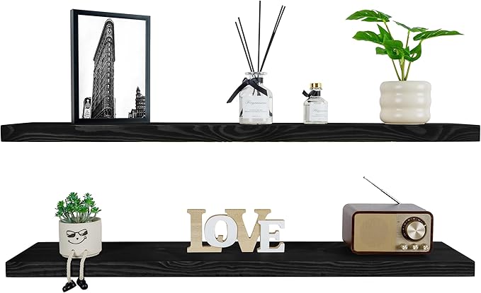 BGMG Wood Floating Shelves for Wall 42 inch Set of 2,Black Floating Shelves,Solid Wood Wall Mount Shelves for Bathroom Living Room Bedroom Kitchen Farmhouse -42x 6.7 x1.25 inch