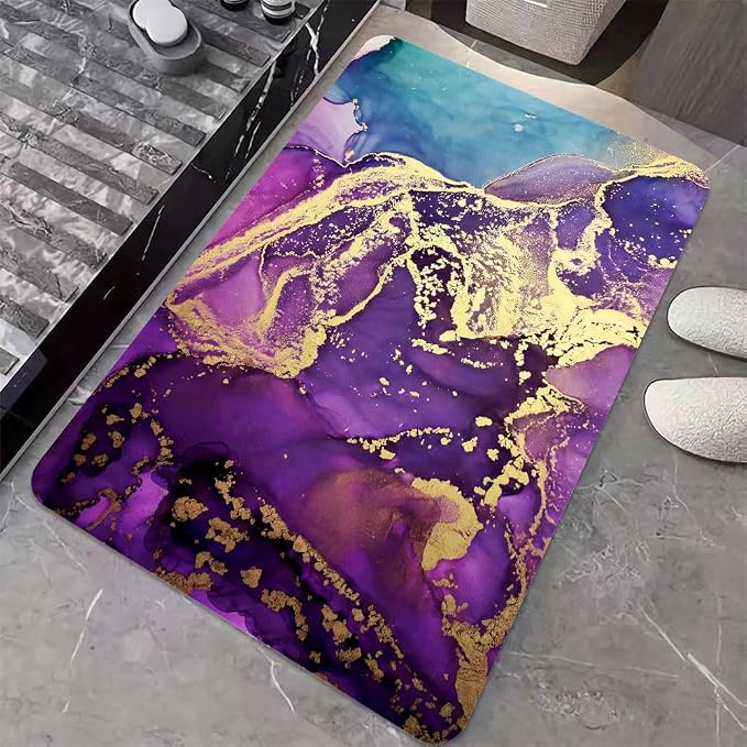 Diatomaceous Earth Bath Mat,Purple, Gold and Blue Marble Non-Slip Volume Super Absorbent Fast Drying for Bathroom Kitchen Door mat,Eco-Friendly Easy to Clean 20×31Inch (50 * 80cm)