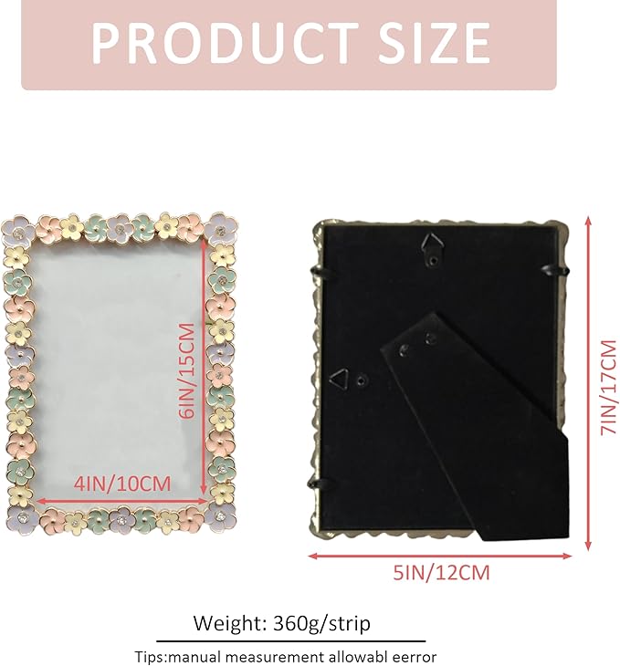 Vintage 4X6 Floral Metal Picture Frame with Enamel Finis Glass Front - Ornate Antique Colorful Flowers Photo FrameTabletop/Wall Display Gifts for Women Wedding Decorate