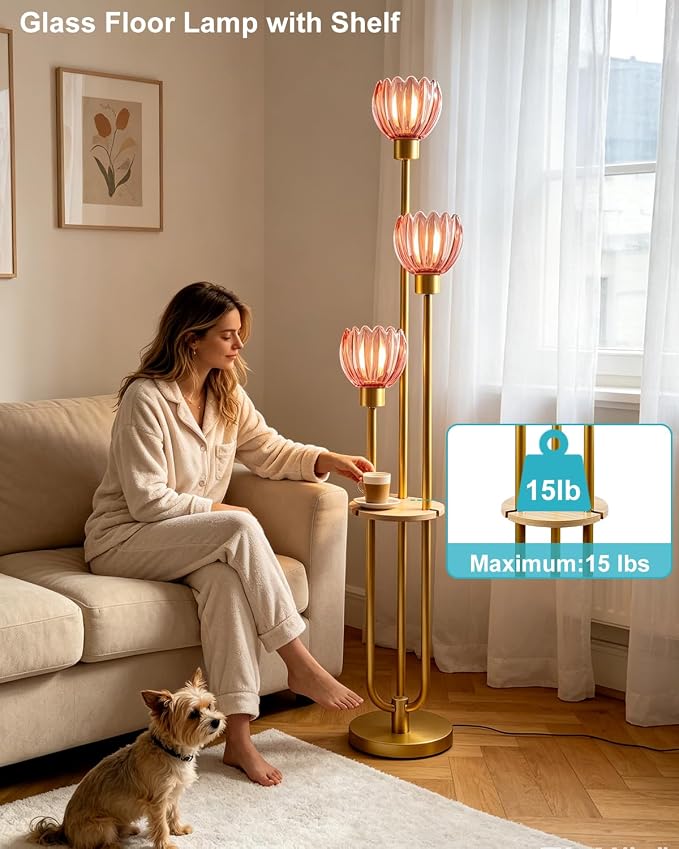 Lightdot 3-Lights Glass Floor Lamp for Living Room Modern Gold Floor Lamps with Lotus Deep Red Glass Shade& Bulbs Included for Wedding/Party Tall Standing Lamp for Bedroom/Sofa Beside/Corner Decor