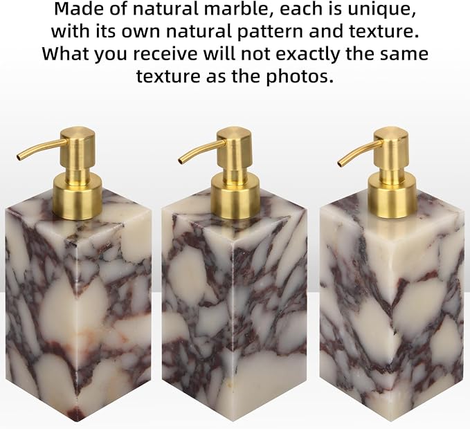 Natural Marble Soap Dispenser for Bathroom and Kitchen Countertop - 5.41 Ounces Hand Lotion and Liquid Stone Shampoo Laundry Bottle with Pump (1, Calacatta Viola, Rectangular Bottle)
