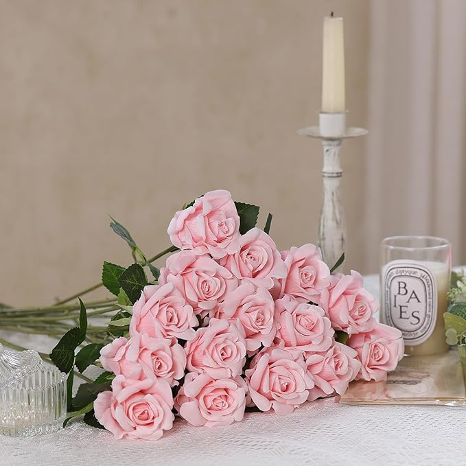 FOTEEWL 60 Pcs Artificial Rose Flower Realistic Faux Silk Roses Stem Fake Roses Bouquet for Flower Arrangement,Wedding Centerpieces,Party,Home Decorations (Pink)