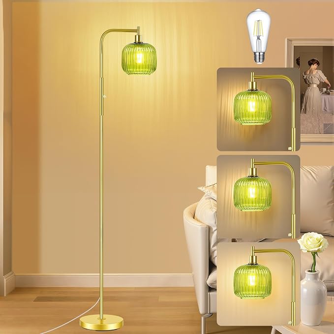 Dimmable Gold Floor Lamp with Ribbed Shade, Vintage Green Standing Lamp dimmable with Solid Base, Arc Floor Lamps Glass for Living Room, Bedroom, Office, Decorative Tall Corner Lamps Gift Use