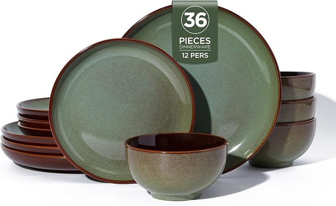 Pokini 36 Piece Stoneware Dinnerware Sets, Ceramic Plates and Bowls Set, Microwave & Dishwasher Safe Kitchen Dish Set, Modern Dinner Salad Plates | Cereal Bowls for 12, Dishware Sets Sage Green