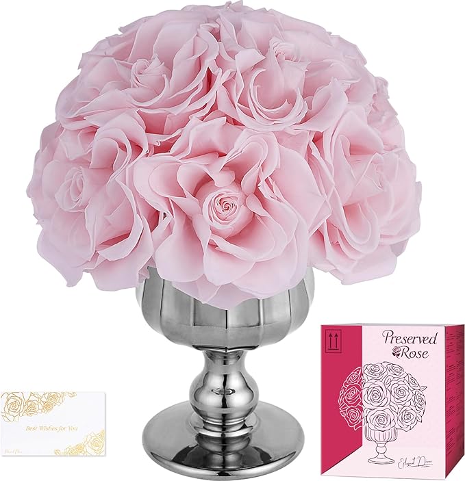 Forever Flowers Preserved Pink Roses in Glass Vase, Flower for Delivery, Eternal Roses Gift for Women, Table Centerpiece Flowers for Home Decor Wedding Birthday Anniversary Party