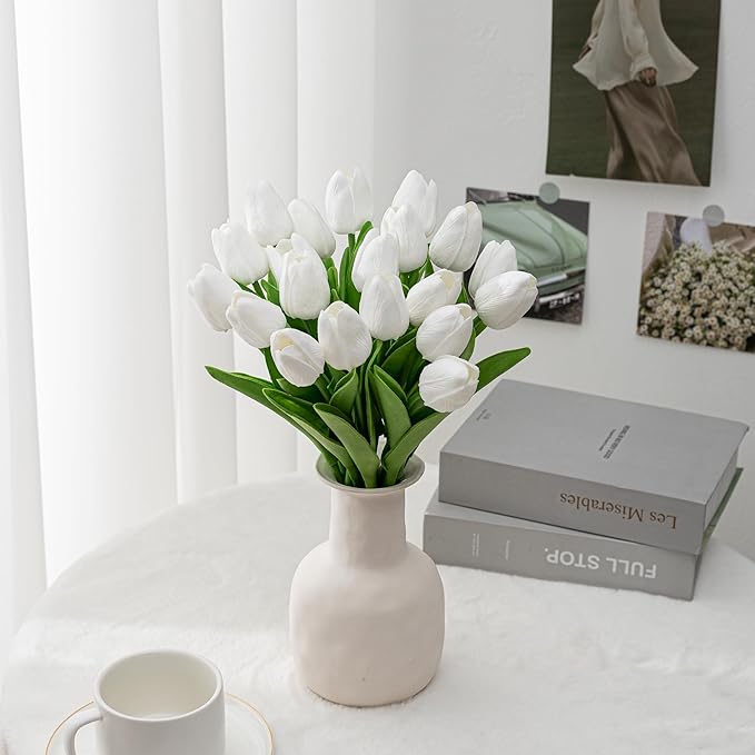 KAOYOO 18PCS Artificial Tulip Flowers Bouquet - Faux Latex Tulips for Home Decor,Office Desk,Kitchen Table,Wedding Centerpiece,Party,Spring Decoration(White,18 Pack)