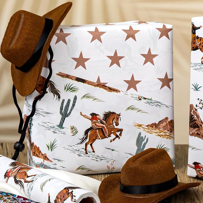Homeral Reversible Cowboy Wrapping Paper Roll - 17In x 32.8Ft Western Gift Wrap with Rodeo Horse and Star Pattern for Boys Birthday, Fathers Day, Bachelor Party, Christmas, Farm Theme, Holiday