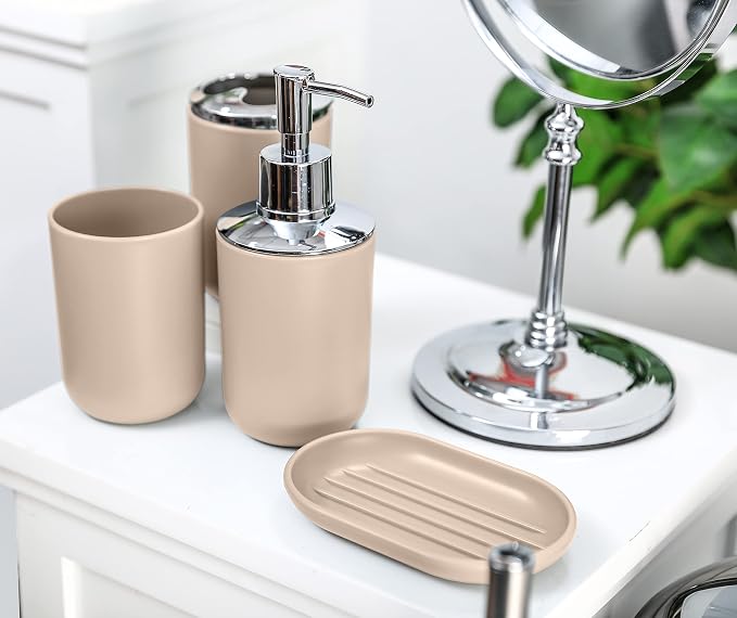 Moss & Stone 6-Piece Bathroom Accessories Set, Includes Soap Dispenser, Toothbrush Holder, Toothbrush Cup, Soap Dish, Complete Bathroom Decor Set (Beige)