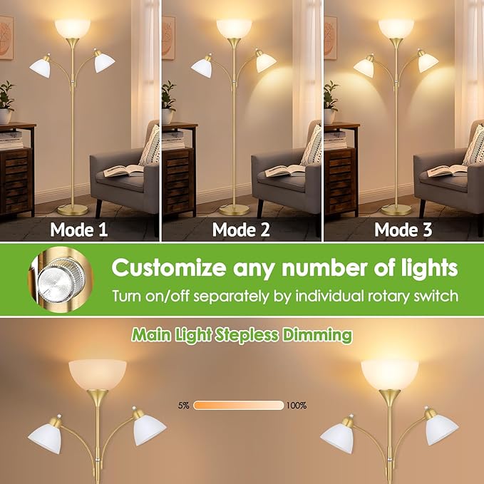 Coucrek Floor Lamp for Living Room,72" Dimmable Torchiere Lamp with 2 Reading Lights for Bedroom, Gold Tall Standing Room Lamp, 3 Bulbs Included