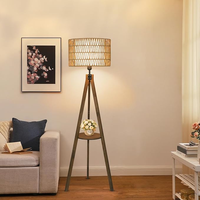 LAMSU Boho Tripod Floor Lamps for Living Room, Rattan Wood Floor Lamp with Fabric Shades, Mid Century Standing Lamp with Shelf, Foot Switch, Modern Farmhouse Tall Lamps for Bedroom Office Brown