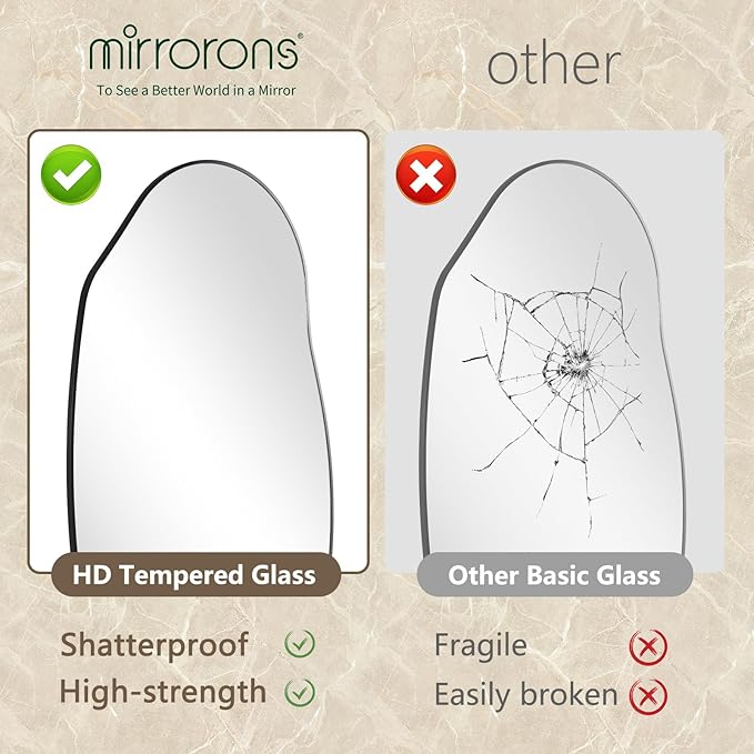 Mirrorons Irregular Wall Mirror 51×28, Black Asymmetrical Bathroom Mirror, Oval Aesthetic Full Length Mirror, Shatterproof Black Bathroom Mirrors