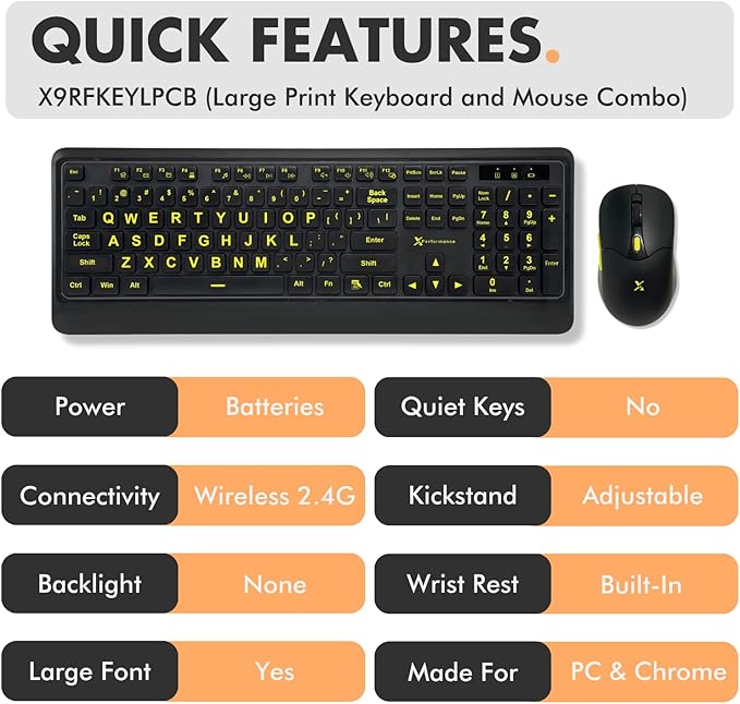 X9 Performance Large Print Wireless Keyboard and Mouse Combo - 4X Larger Oversize Yellow Letters for Seniors and Low Vision Users - 2.4Ghz Wireless Mouse and Keyboard Combo for PC