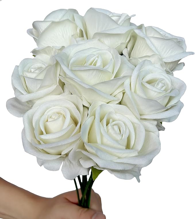 FagusHome 30 Pcs Silk Rose Artificial Flowers Roses Bulk Bouquet Fake Flowers Rose Heads with Stems for Home Wedding Decor (White)