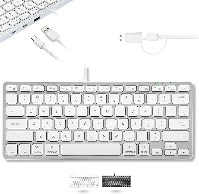 Macally Small Keyboard for Mac with USB Hub (3 Ports) - Wired 2 in 1 USB C + A Plug - Save Space with an Apple Compatible Keyboard (78-Key Layout) - Silver