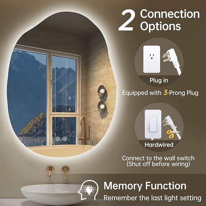 LOVESPEJO Irregular Backlit Mirror Bathroom 24x32 Inch, Asymmetrical LED Bathroom Mirror with Lights, Fogless, Dimmable, 3 Colors, Horizontal/Vertical