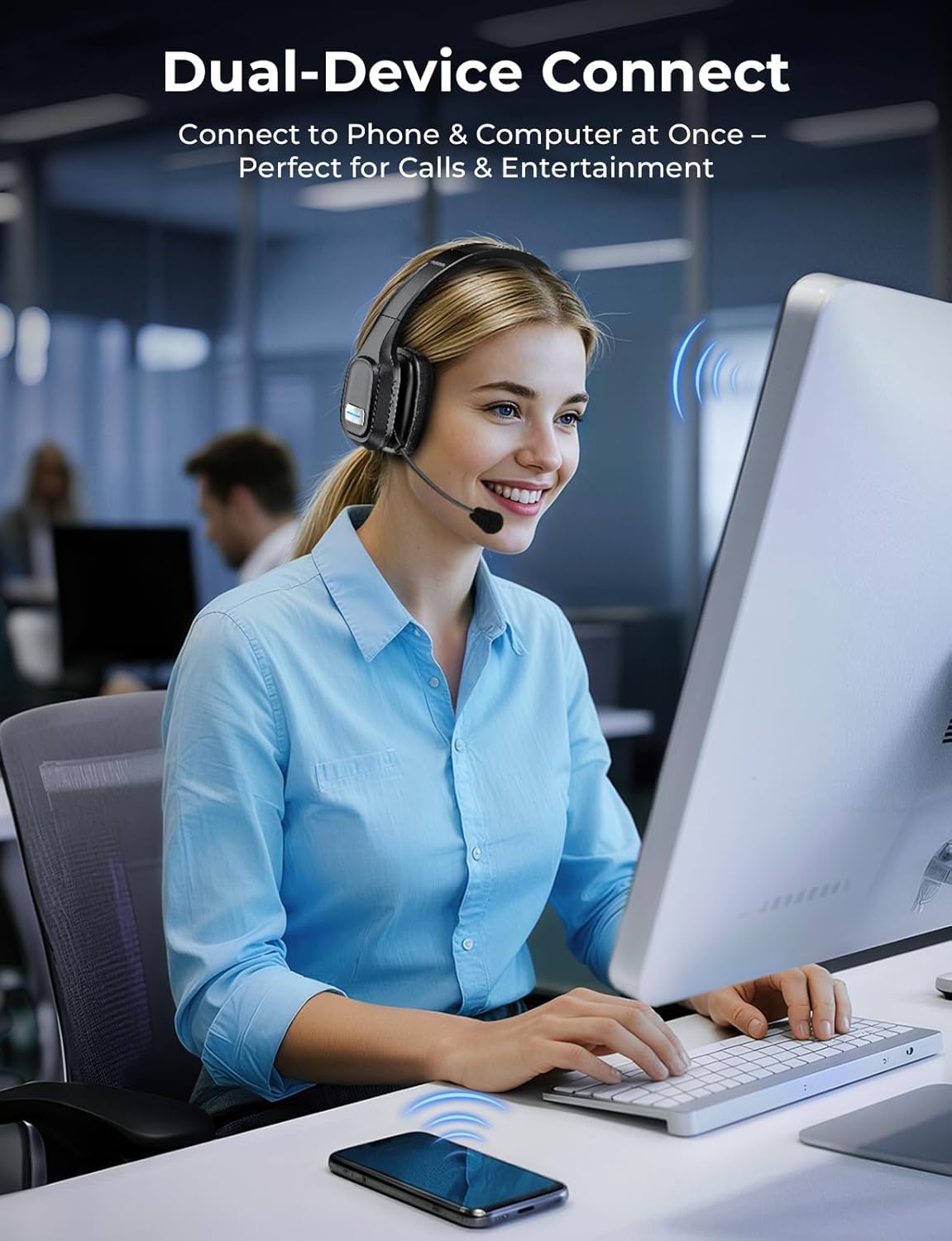 Skiennix Bluetooth Headset - 60 Hours Noise-Canceling Wireless Headphones with Mic & Mute | Ideal for Truck Drivers & Office Use
