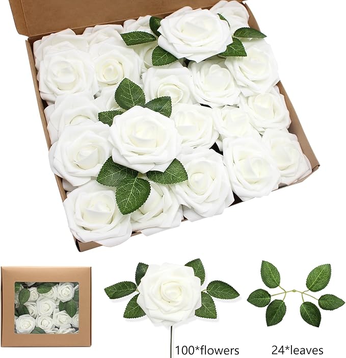 White Artificial Roses Flowers 100pcs Real Looking Foam Fake Roses with Stems for DIY Wedding Bouquets Bridal Shower Centerpieces Party Decorations (White)