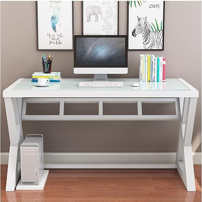 SAMERY Computer Desk & Gaming Desk, Home Office Desks 55.1 Inch- Modern Simple Writing Study White Glass Computer Desk Space-Saving Multipurpose Workstation with Metal Frame…
