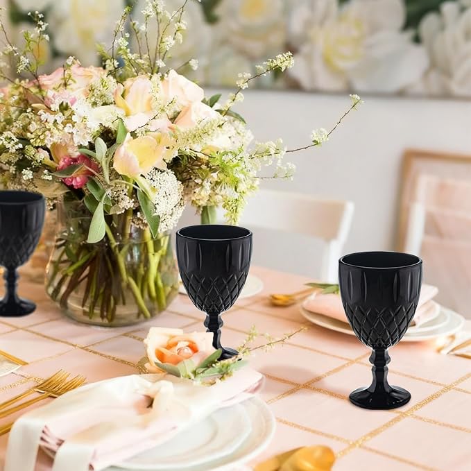 Black Vintage Wine Glasses Set of 6, 11 Ounces Colored Glass Water Goblets, Colorful Unique Embossed Pattern High Clear Stemmed Glassware Wedding Party Bar Glass Drinking Cups Fancy Glasses