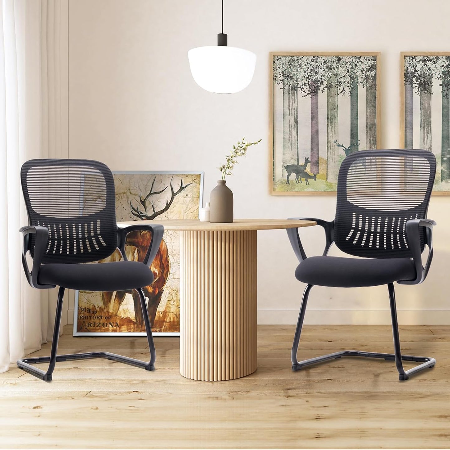 Sweetcrispy Reception Chair - Stationary Mid Back Mesh with Lumbar Support | Set of 2 in Modern Black