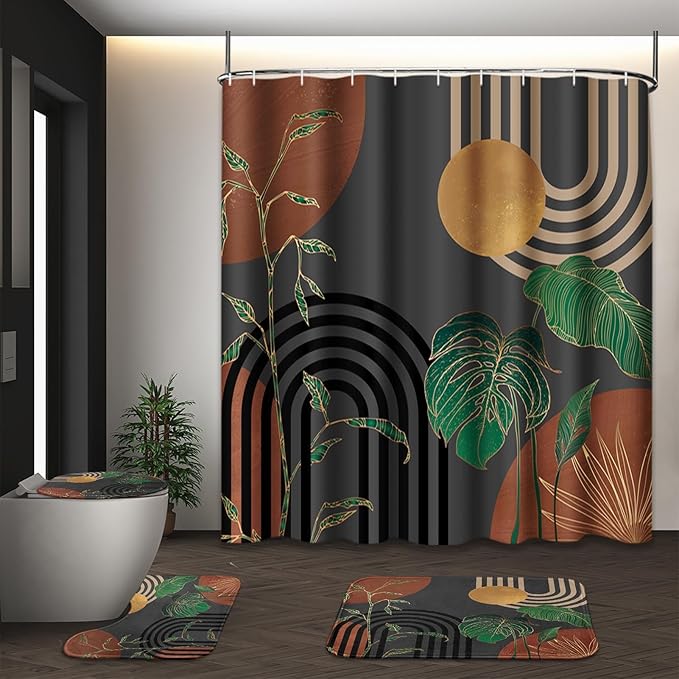 Brown Boho Mid Century Shower Curtain Set with Toilet Lid Cover and Non-Slip Rugs, Abstract Retro Grey Background 4 Pcs Modern Minimalist Aesthetic Shower Curtain for Bathroom Set with 12 Hooks
