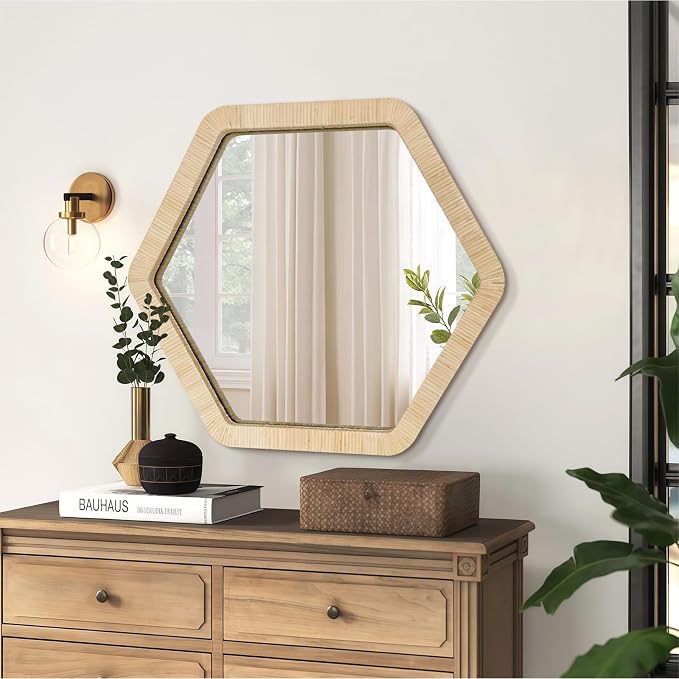 ULIKE Rattan Wicker Mirror for Wall,Boho Woven Bathroom 30 Inch Rustic Farmhouse Wall Decor with Handmade Rattan Frame, Boho Mirror for Nursery Bedroom Living Room Entryway
