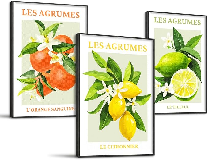 SERIMINO Fruit Botanical Wall Art for Kitchen, Lemon Prints Framed Canvas Wall Decor for Floral Dining Room Farmhouse, Watercolor Paintings Room Decor Aesthetic 3 Piece Set, 16"X24"