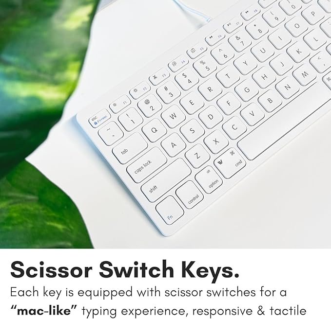 Macally USB Wired Keyboard for Mac and Windows PC - Plug and Play Apple Keyboard with 78 Scissor Switch Keys and 13 Shortcut Keys - Compact & Small That Saves Spaces and Looks Great - White