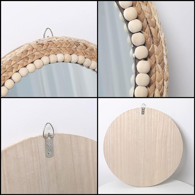 15 Inch Boho Round Hanging Wall Mirror Decorative Rattan Circle Mirrors for Farmhouse, Living Room, Bedroom