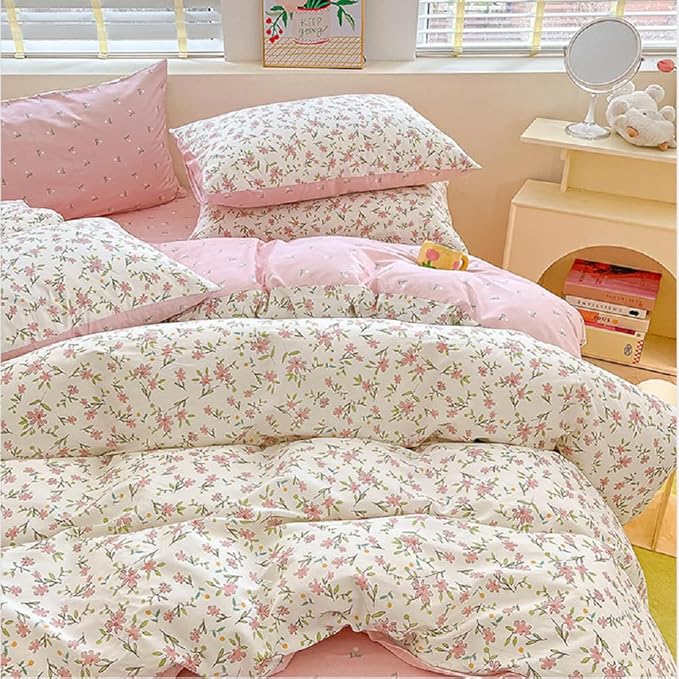 Girls Pink Floral Duvet Cover Twin XL Soft 100% Cotton Aesthetic Flower Bedding Set Vintage Botanical Comforter Cover Breathable Cottagecore Bedding Set 1 Twin XL Duvet Cover with 2 Pillowcases