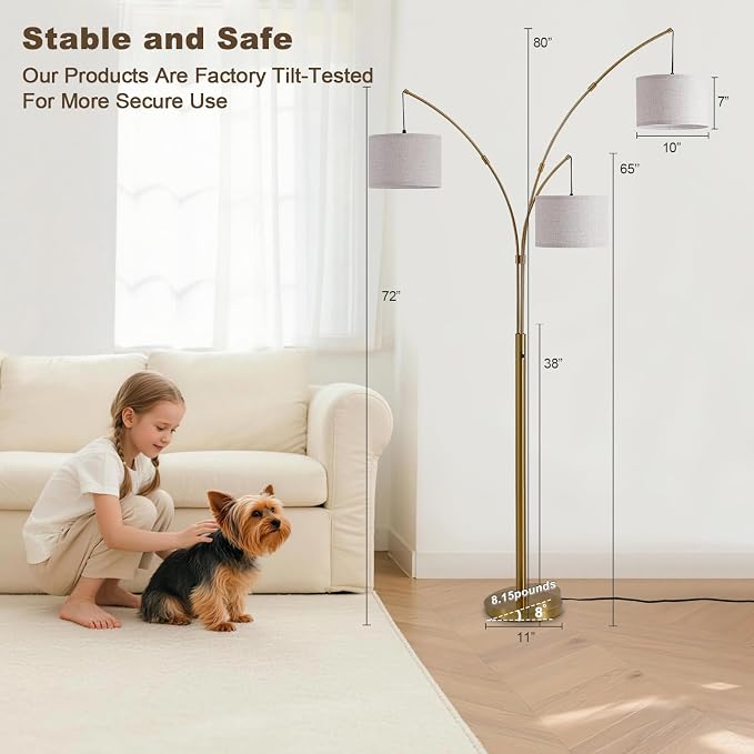 Netin Gold Floor Lamp, Arc Floor Lamps for Living Room Bright Lighting, 3 Light Dimmable Floor Lamp with Remote Control, 3 Color Temperature, Tree Floor Lamp for Bedroom Office