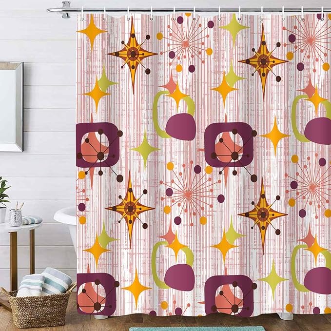 Mid Century Shower Curtain, 72x72inch, Modern Abstract Retro Red Striped Geometric Shower Curtain Sets 1950s Boho Bathroom Shower Curtain with 12 Hooks
