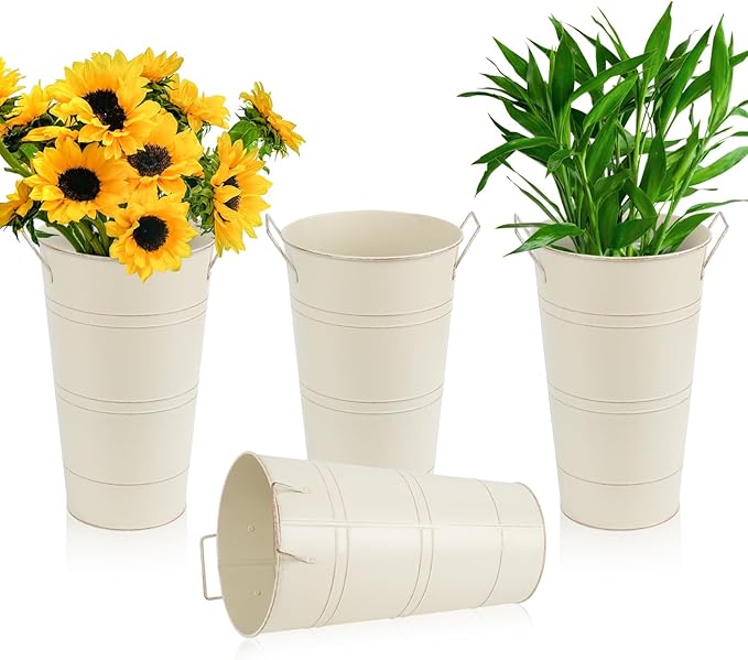 Notakia 12 Inch Large Galvanized Metal Vases Farmhouse French Flower Bucket Vases for Cut Flowers for Home Decor and Wedding Table Centerpiece Decorations (Large Beige 4Pcs)