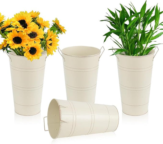 Notakia 12 Inch Large Galvanized Metal Vases Farmhouse French Flower Bucket Vases for Cut Flowers for Home Decor and Wedding Table Centerpiece Decorations (Large Beige 4Pcs)
