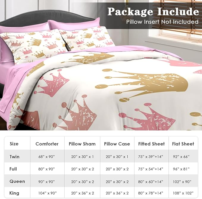 Comforter Set Queen Size, Cute Kids Crown 7 Pcs Bedding for Kids and Adults, Pink Princess Girls Bed Sheet Sets with Fitted Sheet 2 Pillowcase & 2 Sham for Bedroom Bed Decor