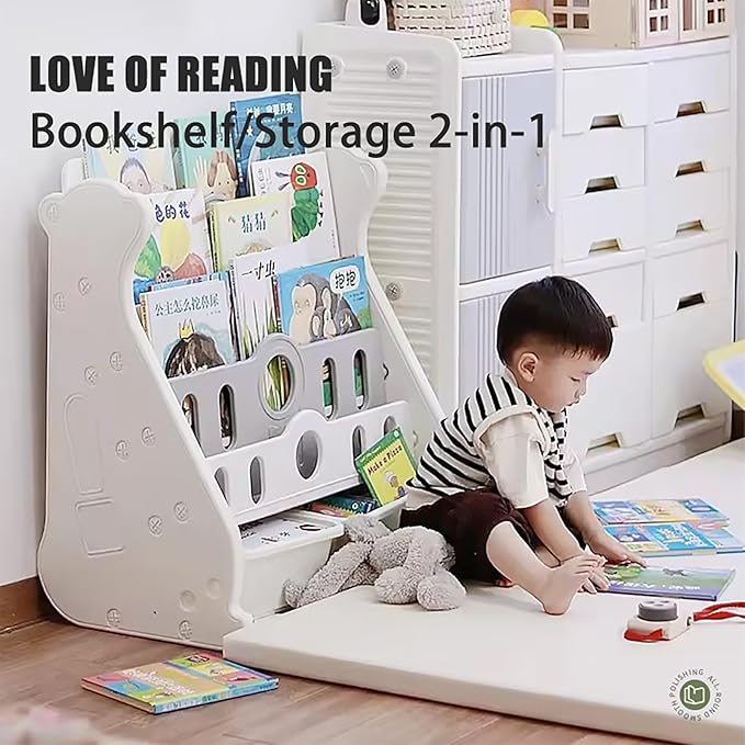 Kids Bookshelf and Toy Storage for Toddler, 4 Tier White Bookcase for Bedroom/Nursery/Classroom, Toddler Wall Corner Bookshelf Montessori Baby Book Storage Shelf(Grey)