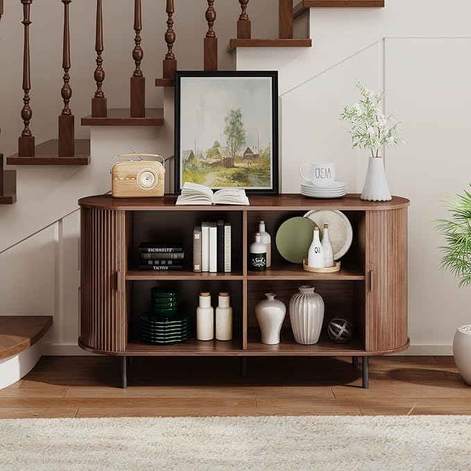 Buffet Sideboard Cabinet with Storage, 55" Fluted Cabinet with Sliding Door & Adjustable Shelf, Modern Accent Coffee Bar Console Table for Kitchen, Entryway, Walnut