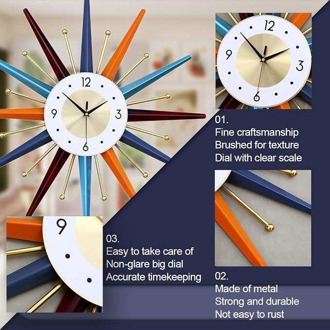 FIELDY Large Wall Clock 31 Inch Mid Century Wall Clocks Starburst Clock Non Ticking Battery Operated 3D Wall Clocks Home Décor for Living Room, Kitchen, Dining Room, Bedroom