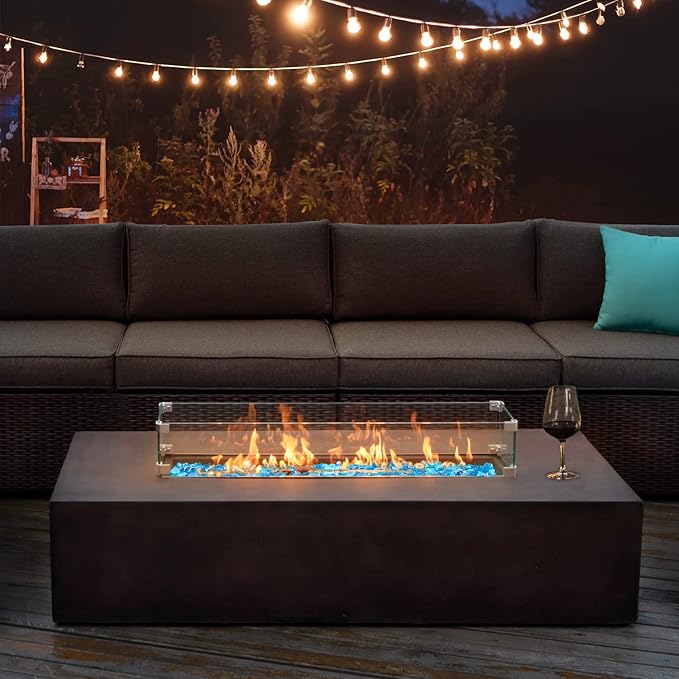 COSIEST Outdoor Propane Fire Pit Table, 56-inch x 28-inch Rectangle Bronze Compact Concrete-Like Finish, Certified, 50,000 BTU Stainless Steel Burner w Blue Fire Glass, Wind Guard, Raincover