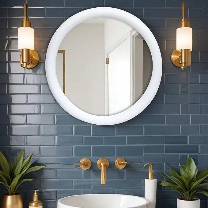 Wall Mirror,Solid Wood Frame Vanity Mirror, Farmhouse Decorative Wall Mirror for Bathroom, Bedroom, Living Room & Entryway, Vertical/Horizontal Hanging, 18x18" RND White Antique ,Wood & Glass