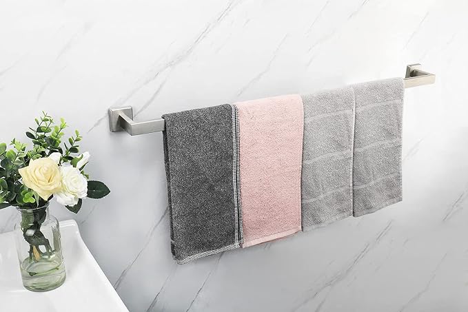 TocTen Bath Towel Rack - Square Base Thicken SUS304 Stainless Steel Towel Bar for Bathroom, Bathroom Accessories Towel Rod Heavy Duty Wall Mounted Towel Holder. (Brushed Nickel, 33)