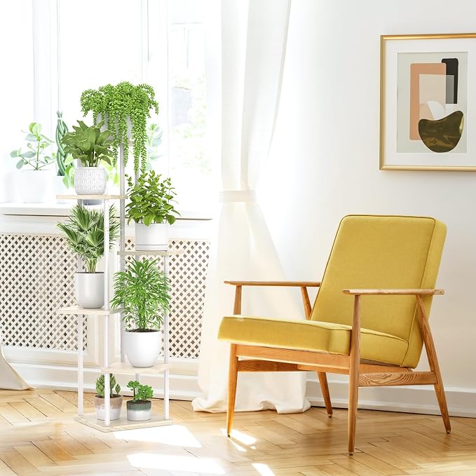 Oppro 6 Tier Tall Plant Stand Indoor, Large Metal Wood Muti Level Vertical Planter Shelf Orchid Holder for Narrow Corner, Sturdy Heavy Duty Flower Display Rack for House Decor Living Room Bedroom, White