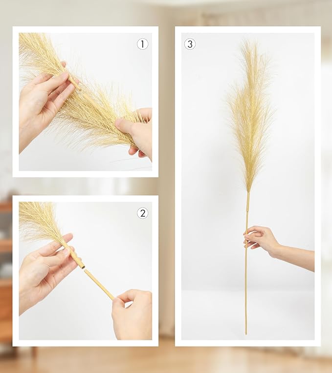 9 Pcs 45" Tall Pampas Grass Gold Decor, Long Stem Artificial Flower Floor Vase Large Faux Floral Pompas Fake Plants Dried Bouquet Arrangement Vase Filler for Boho Home Wedding Decoration