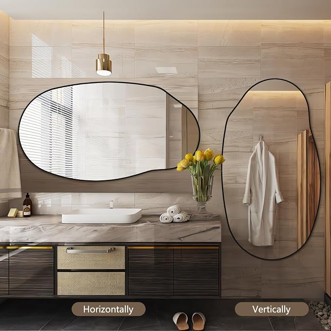 Mirrorons Irregular Wall Mirror 51×28, Black Asymmetrical Bathroom Mirror, Oval Aesthetic Full Length Mirror, Shatterproof Black Bathroom Mirrors