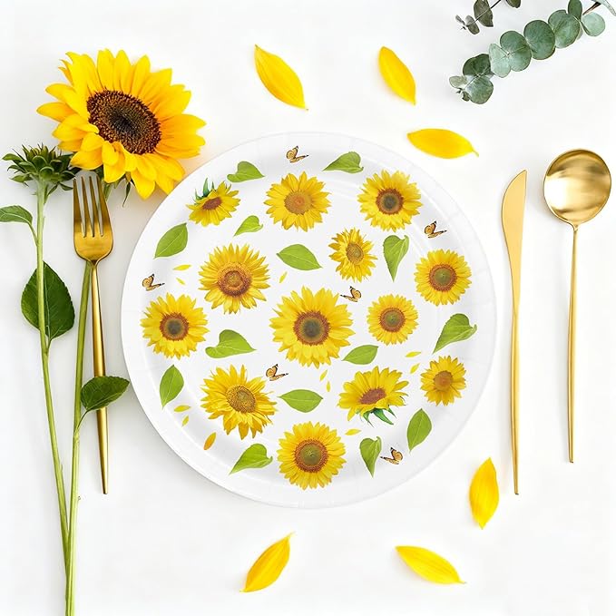 50PCS Sunflower Party Paper Plates 7 Inch, Disposable Floral Birthday Cake Dessert Plates for Picnic Birthday Bridal Shower Fall Party Decorations (Sunflower)