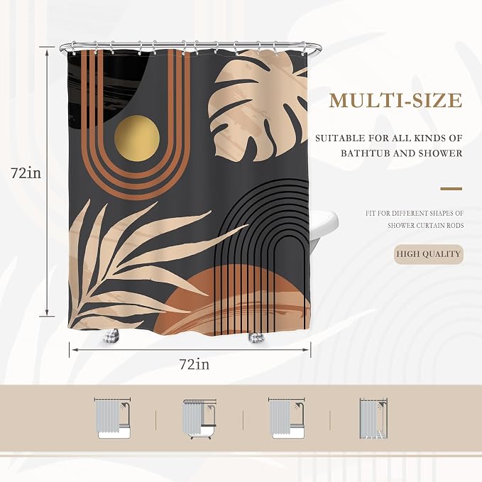 Glawry Black Boho Mid Century Shower Curtain Abstract Beige Leaves Minimalist Simple Aesthetic Arch Sun Modern Bathroom Botanical 72Wx72L Inches Bath Accessories Art Home Decor Fabric 12 Pack Hooks